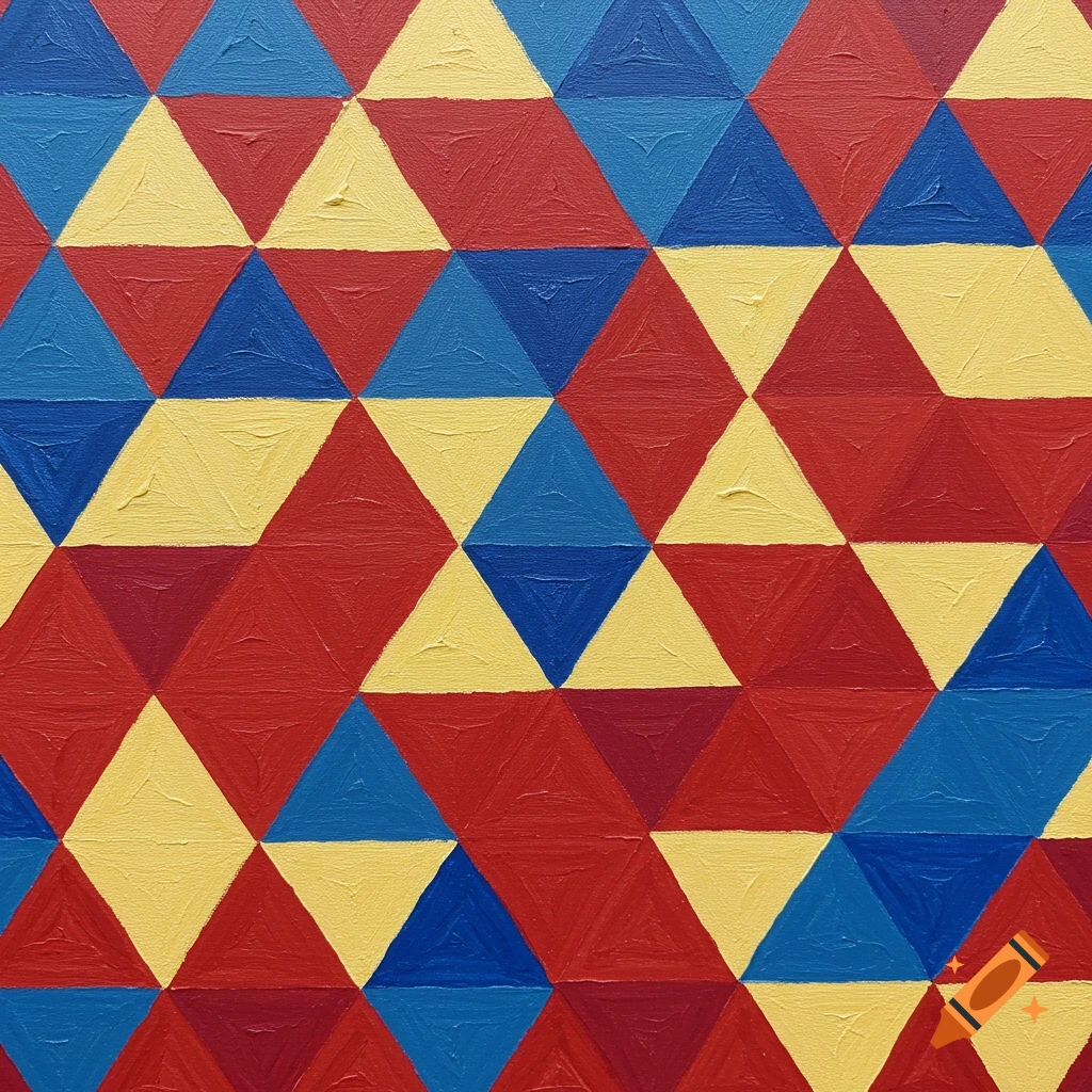 Abstract painting of red, blue, and yellow triangles in a repeating pattern.