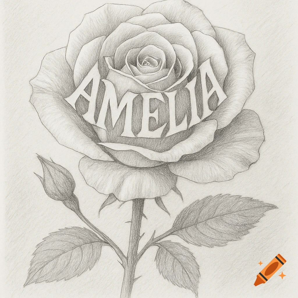 Pencil drawing of a rose with the name Amelia in the petals.
