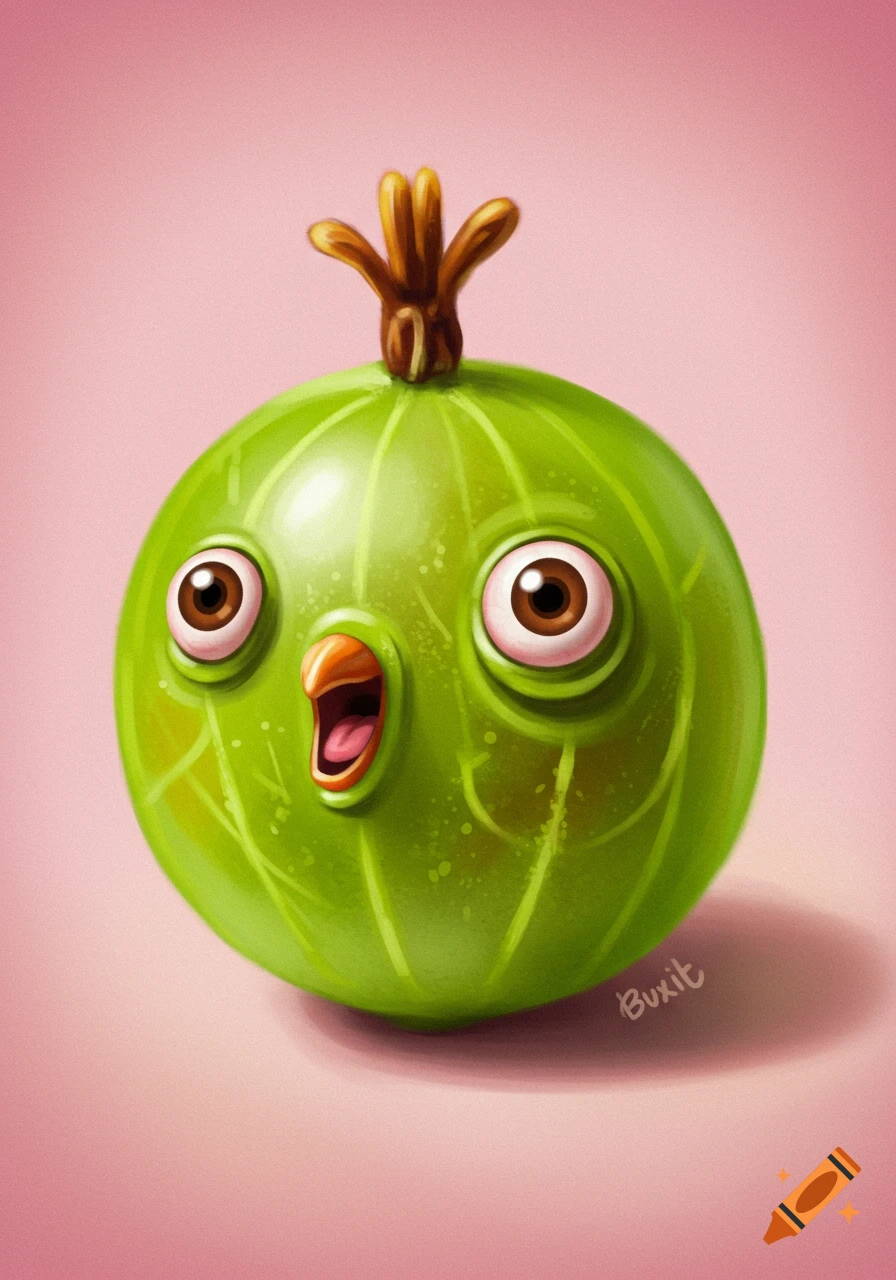 A funny cartoon gooseberry character with big eyes and an open mouth.