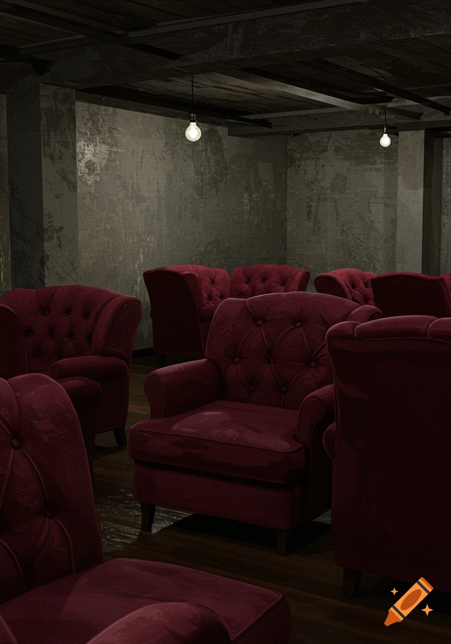 A room filled with many red velvet armchair chairs.