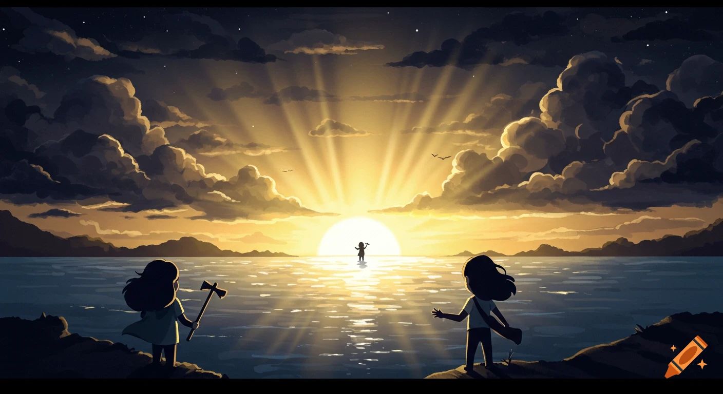 Cartoon illustration of two figures on a shore watching a third figure stand in the water under a vibrant sunrise.