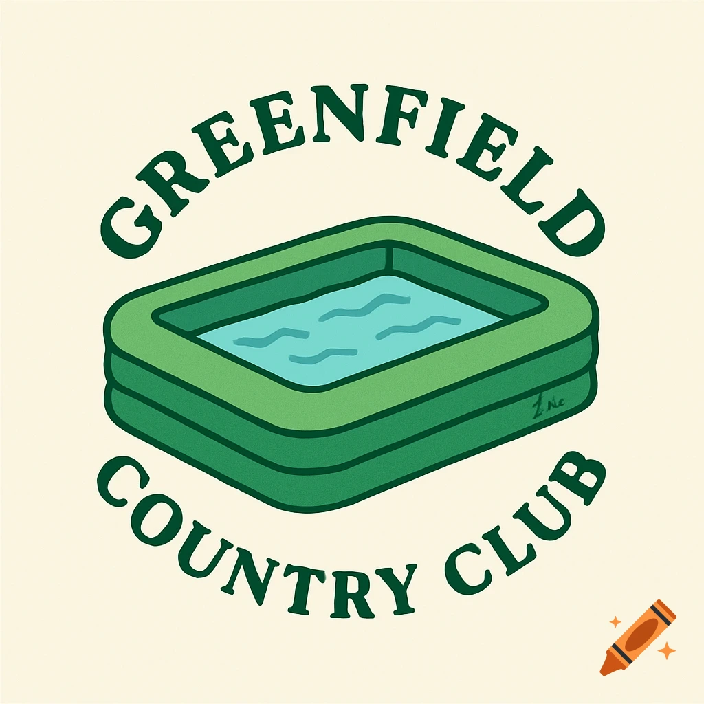 Logo illustration of a green inflatable pool with blue water and the text GREENFIELD COUNTRY CLUB.