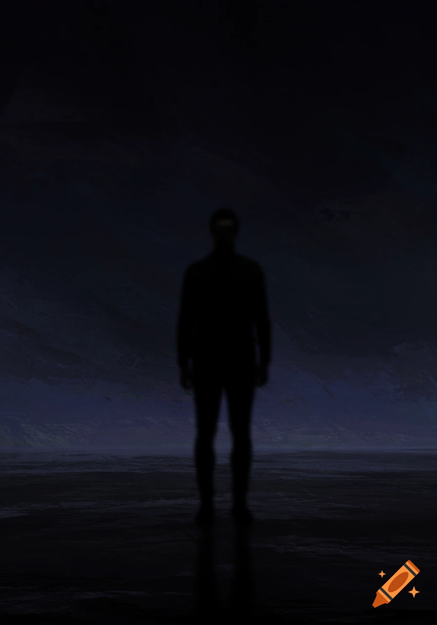 Dark silhouette of a person standing in a dark, blurry landscape.