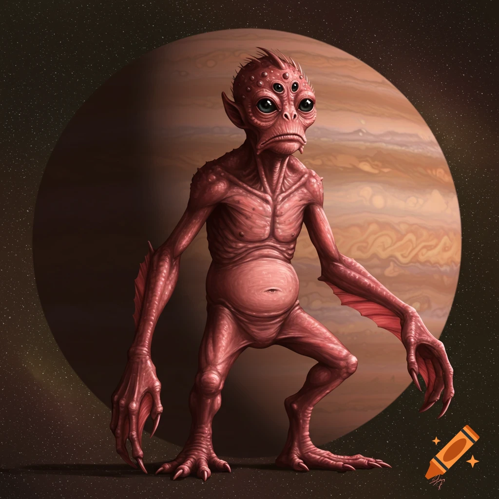 A reddish alien creature with multiple eyes and webbed hands stands in front of a large gas giant planet in space, digital painting.