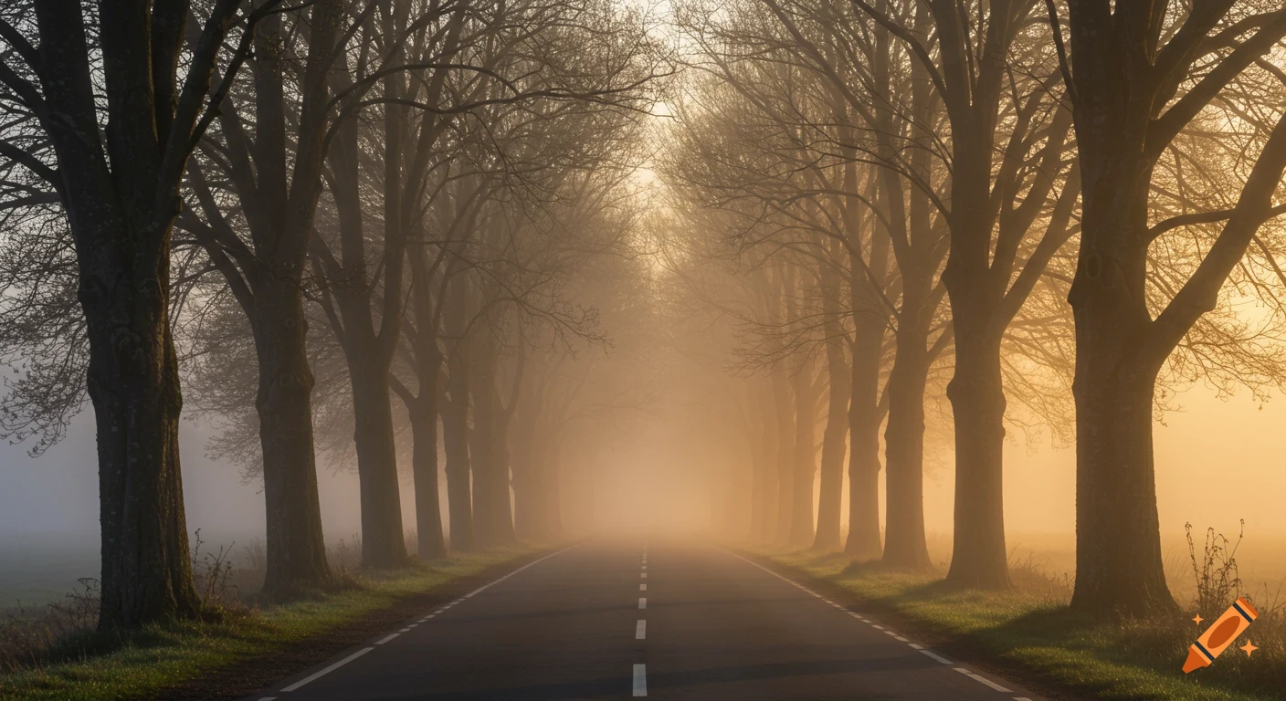A tree-lined road extends into dense, golden fog at sunrise.
