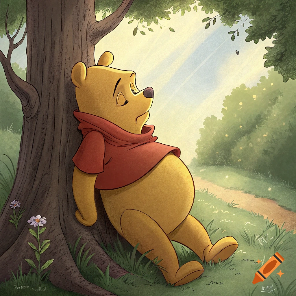 Cartoon illustration of Winnie the Pooh leaning against a tree in a forest.