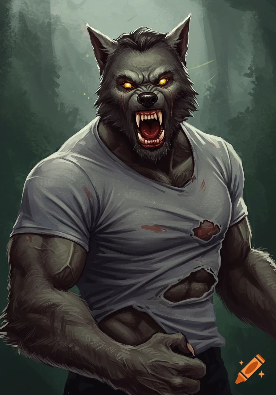Illustrative portrait of a snarling werewolf with ripped shirt and glowing eyes