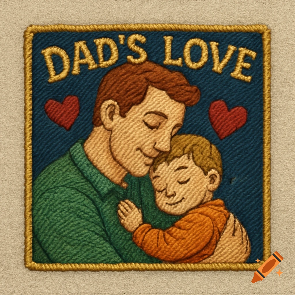 Embroidered patch of a father hugging his son with hearts and the text DAD'S LOVE
