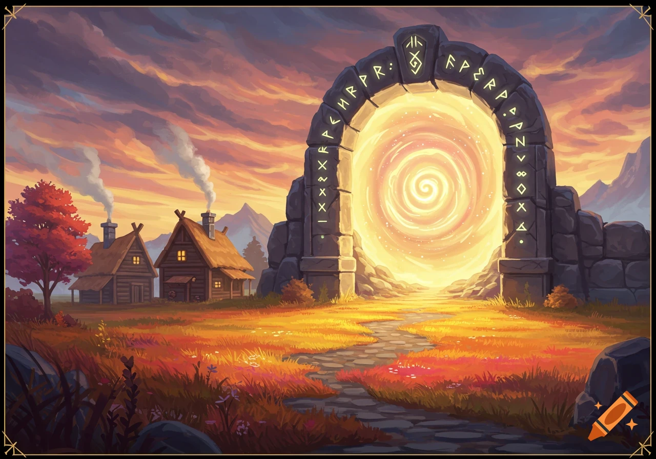 A fantasy landscape features a glowing portal in a stone archway next to a small village with wooden homes at sunset.