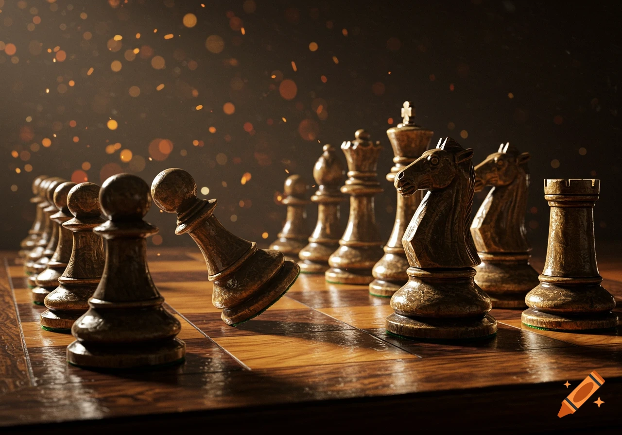 Close-up view of a chess board with pieces under dramatic lighting, with a pawn falling.