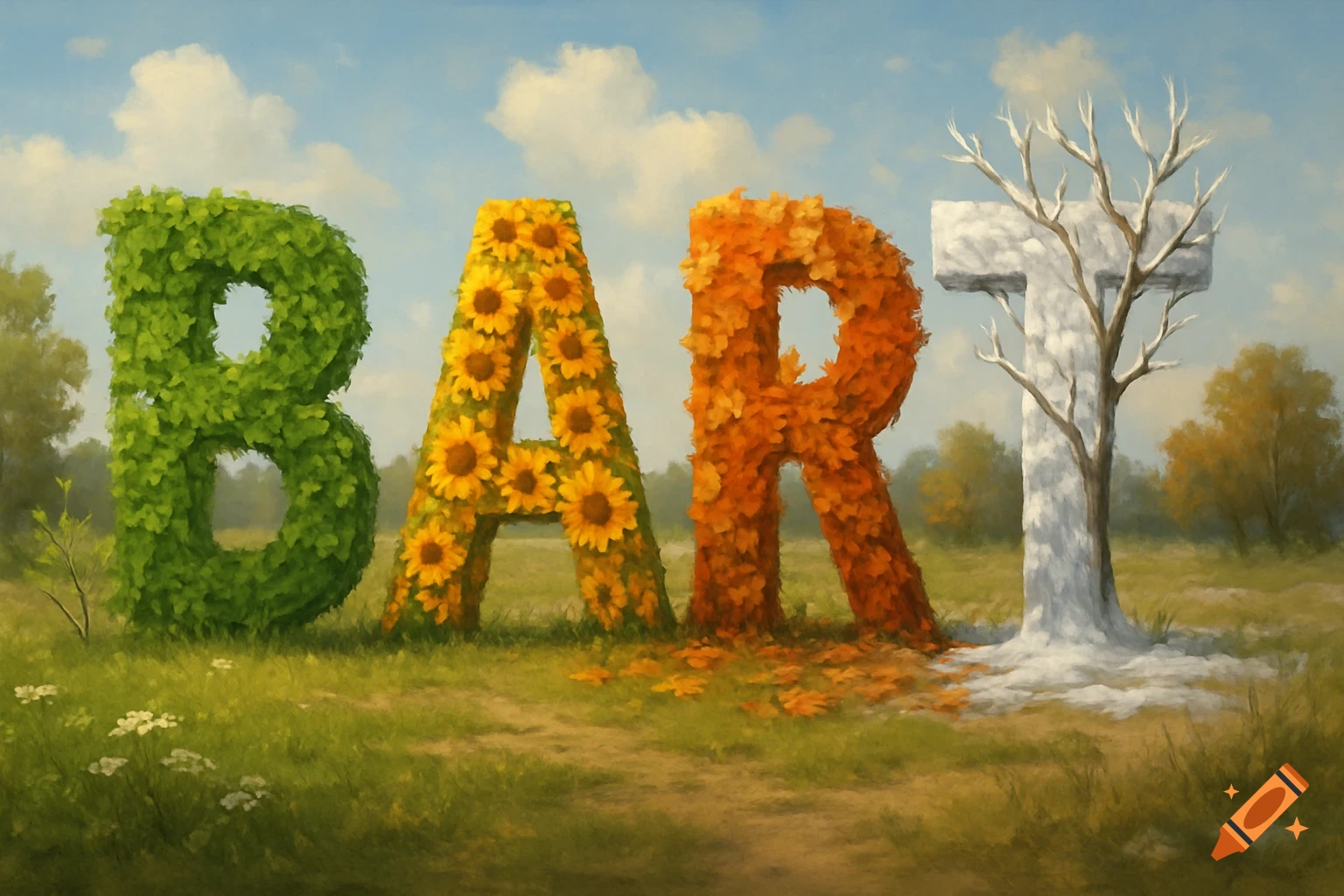 The letters BART formed by different seasons (leaves, sunflowers, autumn leaves, snow) in a field, painted.