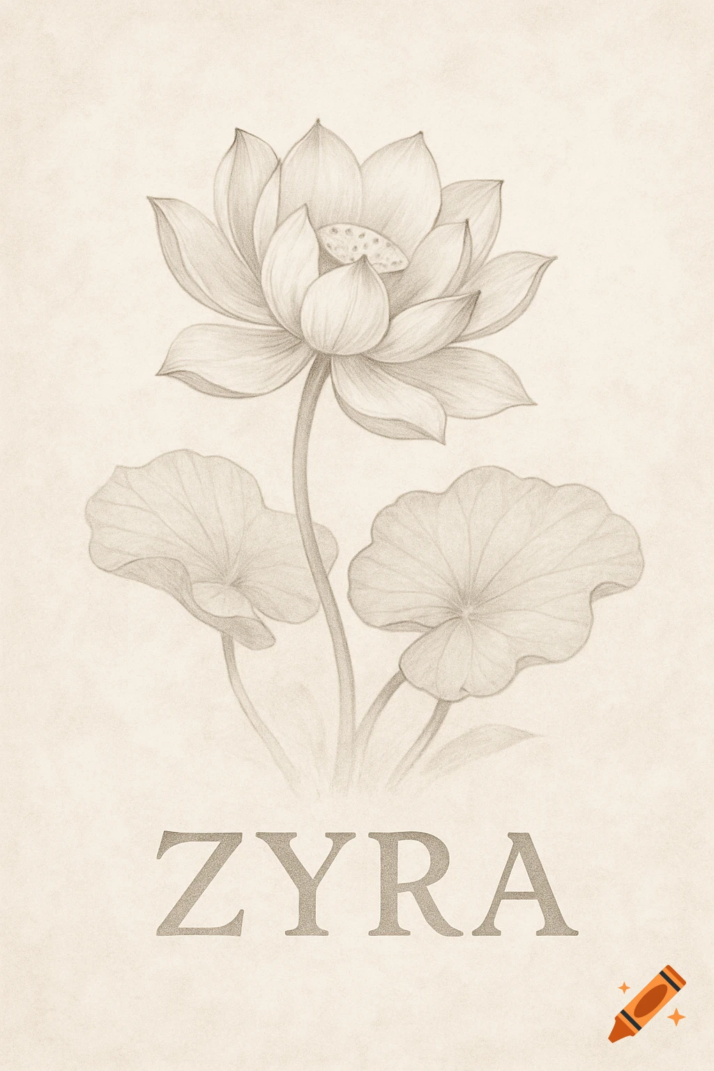 Pencil sketch of a lotus flower with leaves and the text ZYRA on a light background.