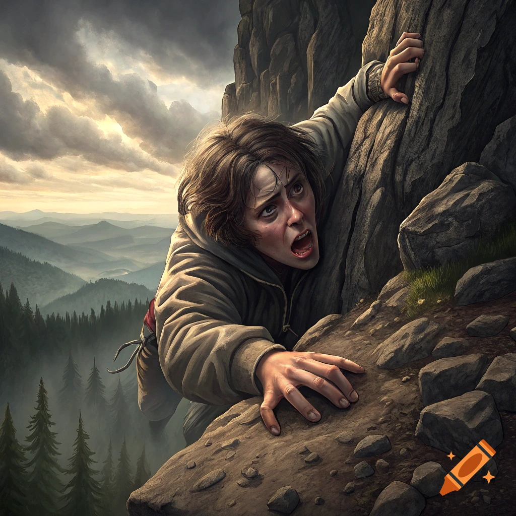 A person struggles, dangling from a sheer cliff face with a dramatic sky and mountain landscape.