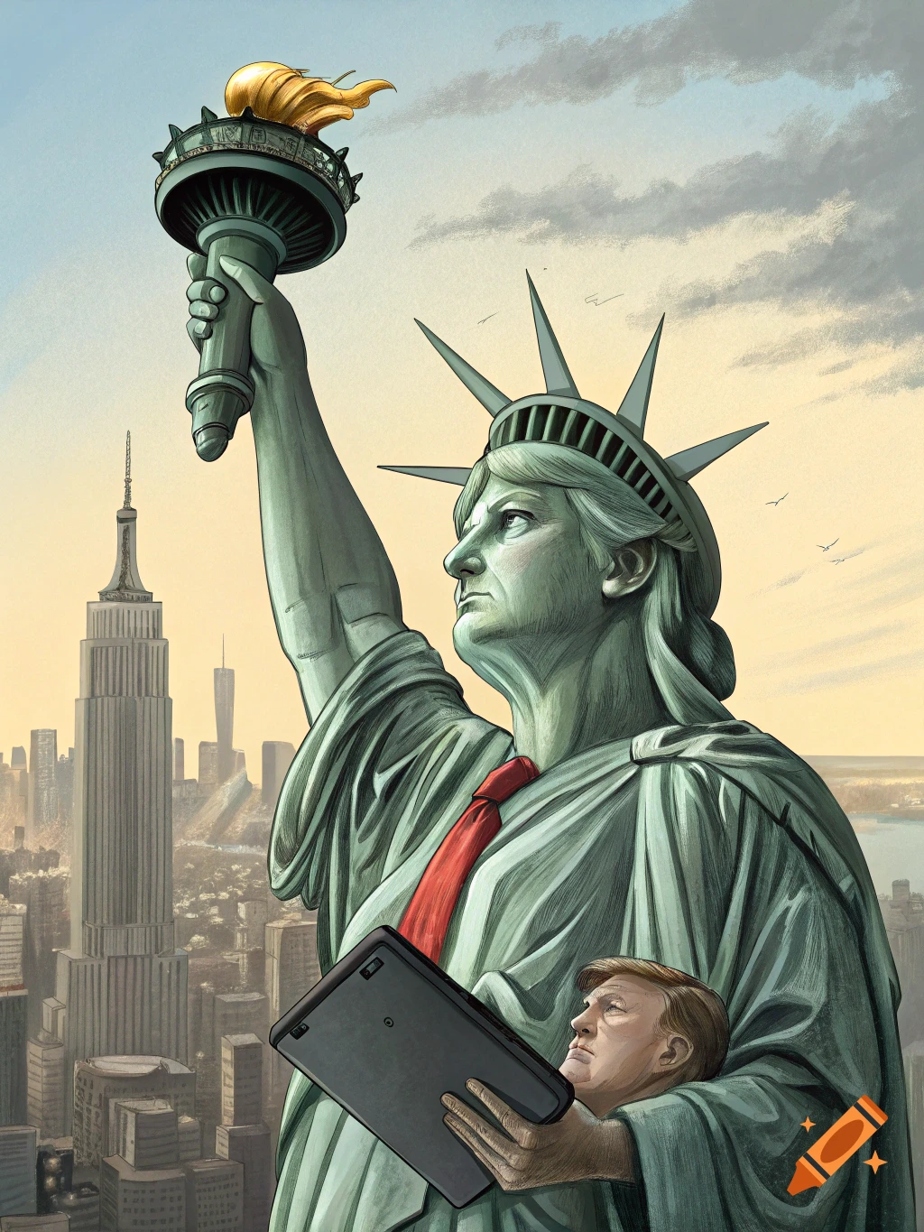 Illustrated political cartoon of the Statue of Liberty with Donald Trump's head and hair, wearing a red tie and holding a tablet, over a New York City skyline.
