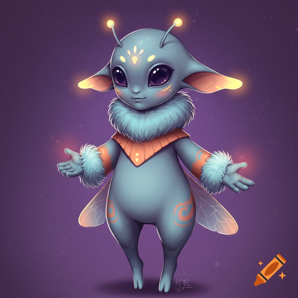 Cute blue alien creature with large eyes, antennae, and wings.