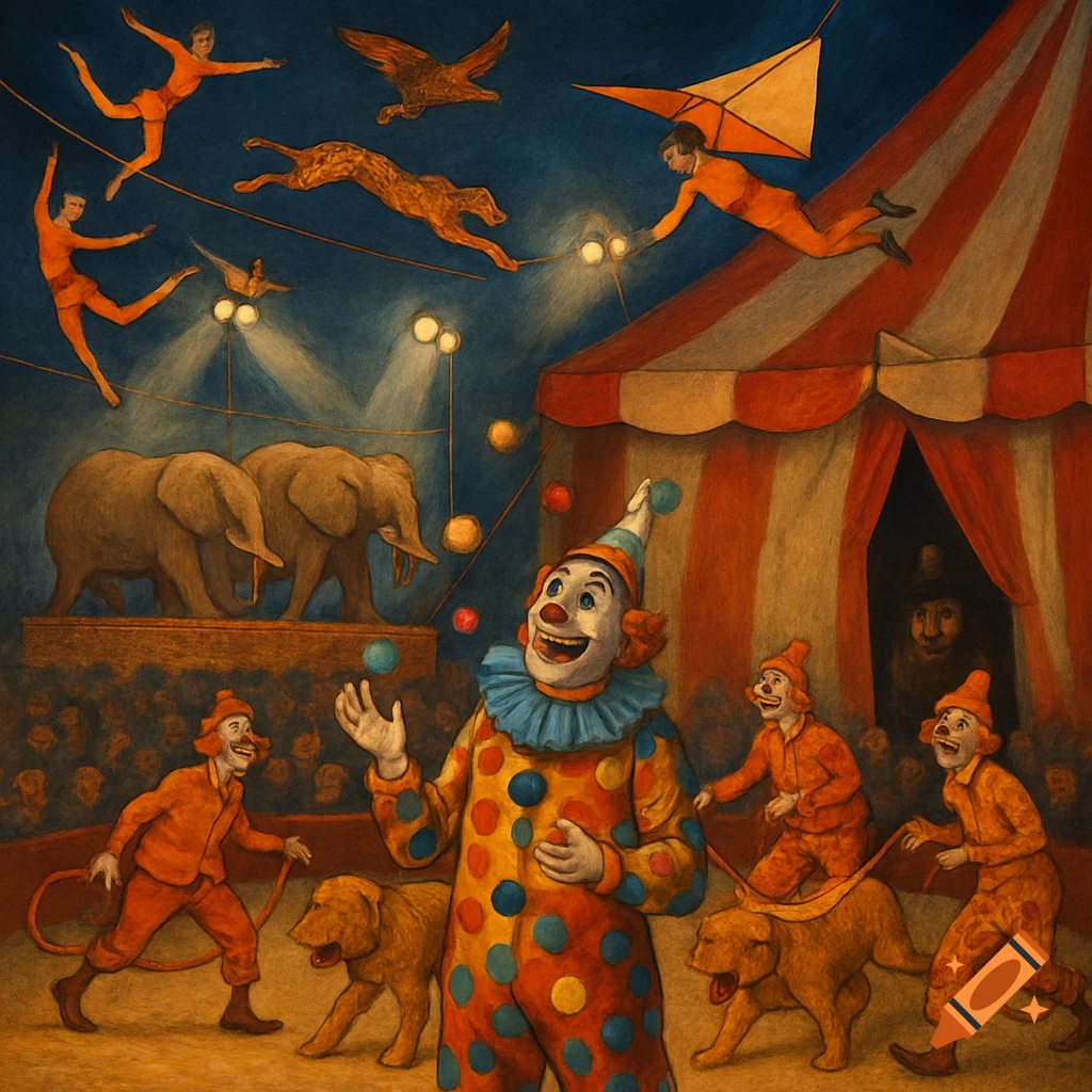 A painted circus scene with a juggling clown, trapeze artists, elephants, and dogs.