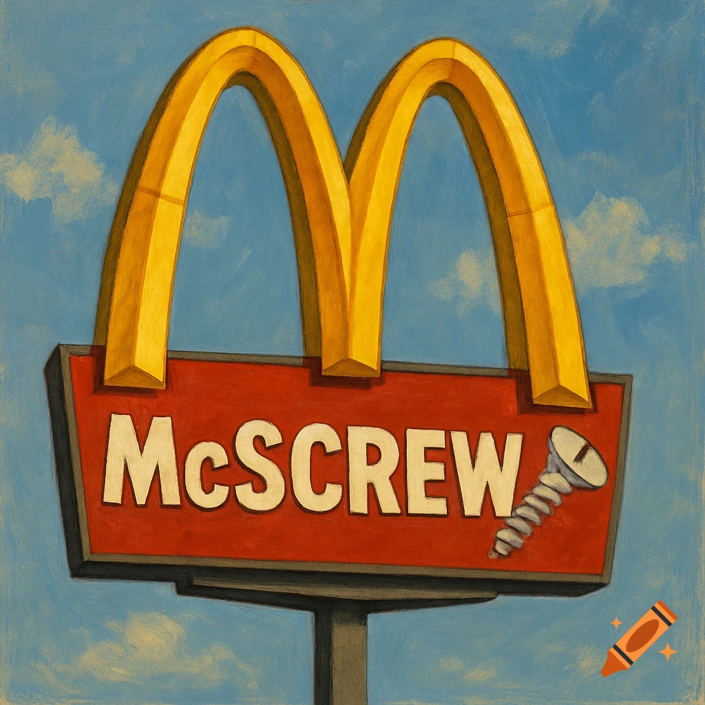 A painted image of a sign with golden arches, reading "McSCREW" next to a screw graphic.