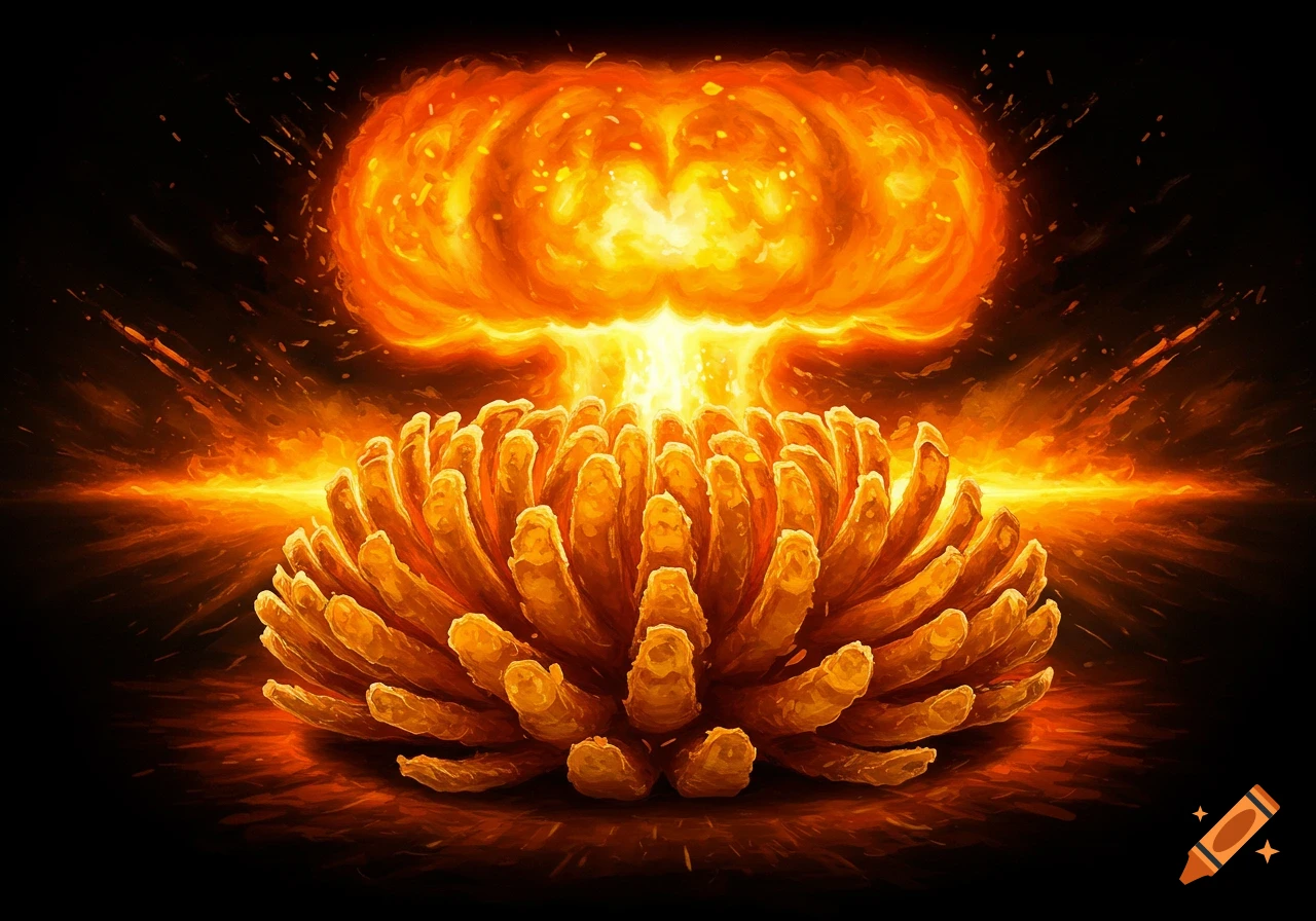Illustration of a blooming onion appetizer shaped like a fiery mushroom cloud explosion