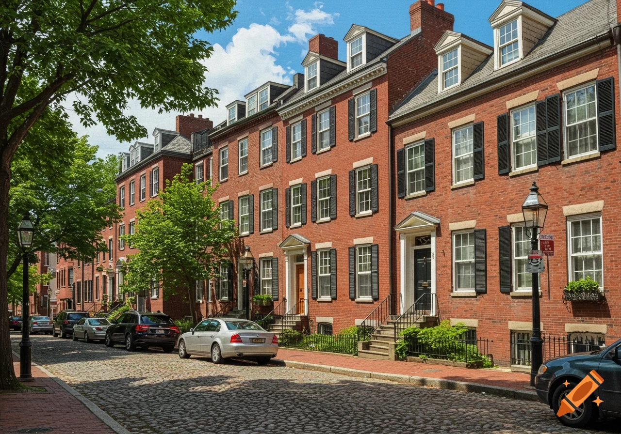 Row of red brick buildings and parked cars along a cobblestone street.