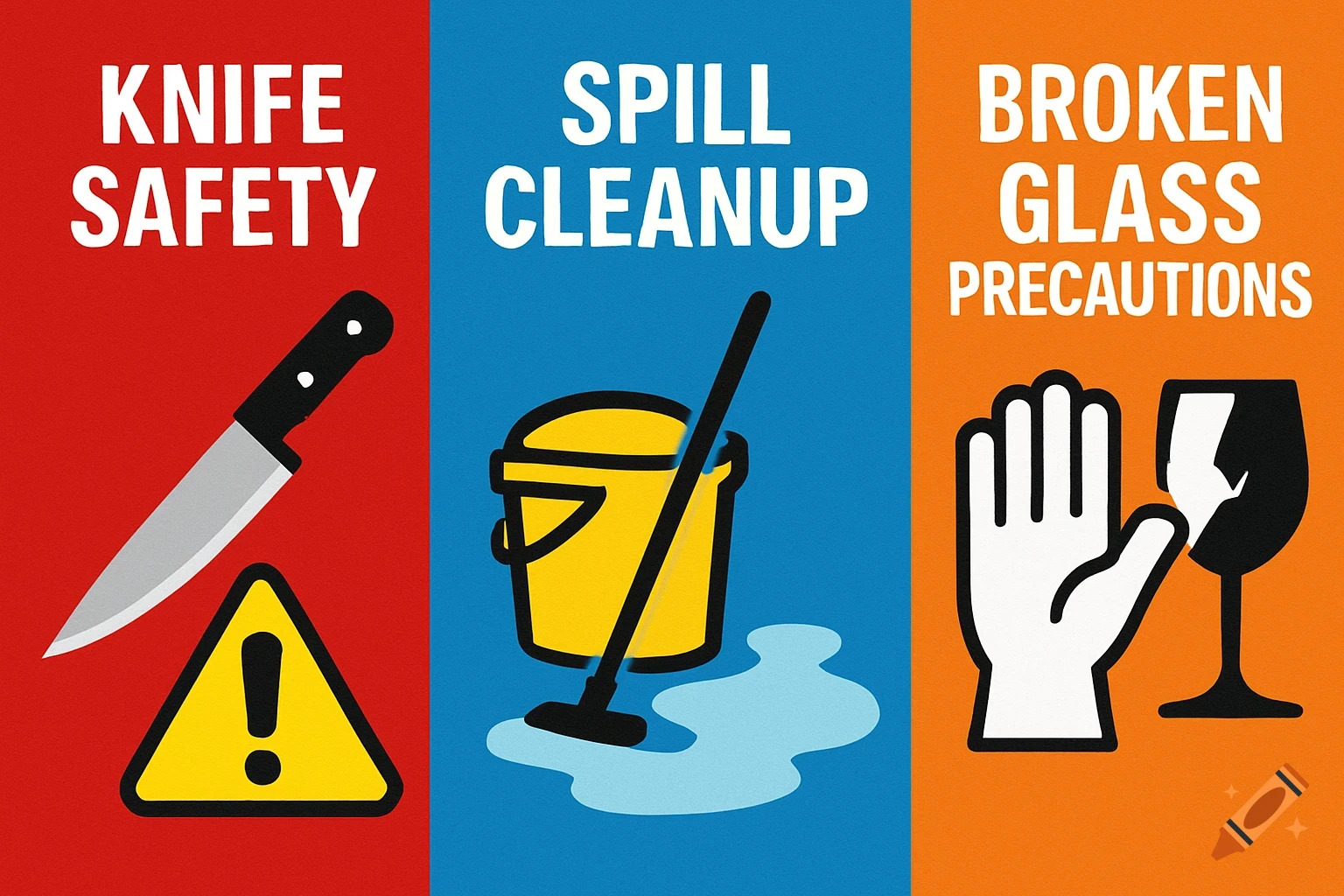 Safety sign with sections for knife safety, spill cleanup, and broken glass precautions, each with an icon.