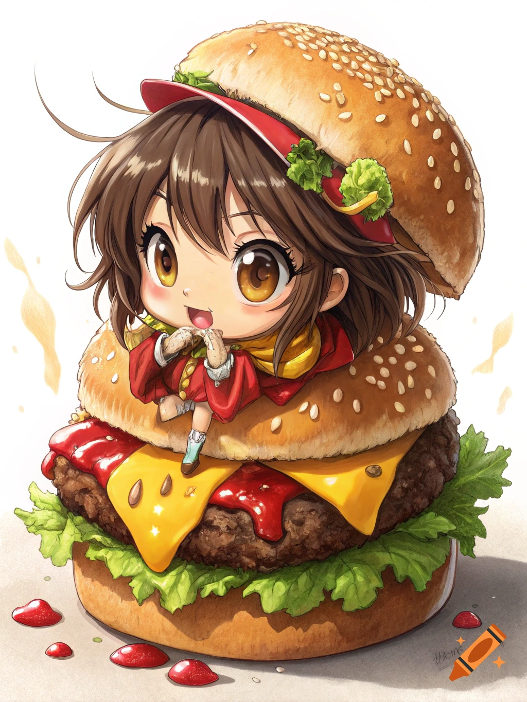 Chibi anime girl sits on a large hamburger. on Craiyon, image size:1024x1365