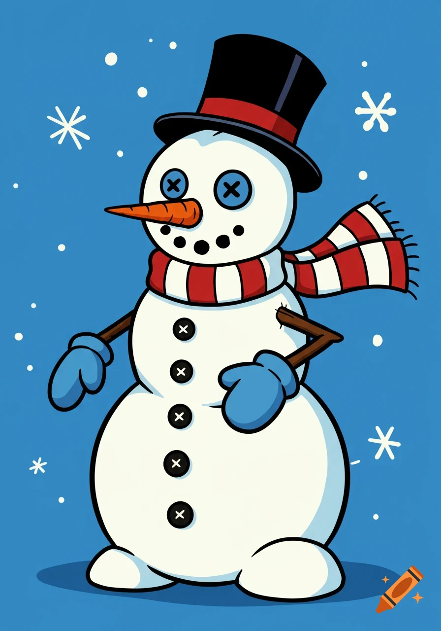 Cartoon snowman with a top hat, scarf, and mittens, in falling snow against a blue background.