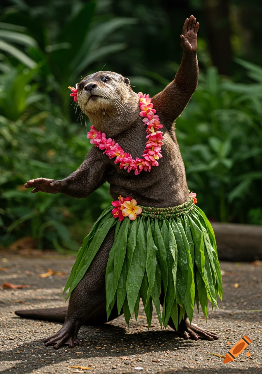 An otter wearing a hula skirt and lei poses like a dancer.
