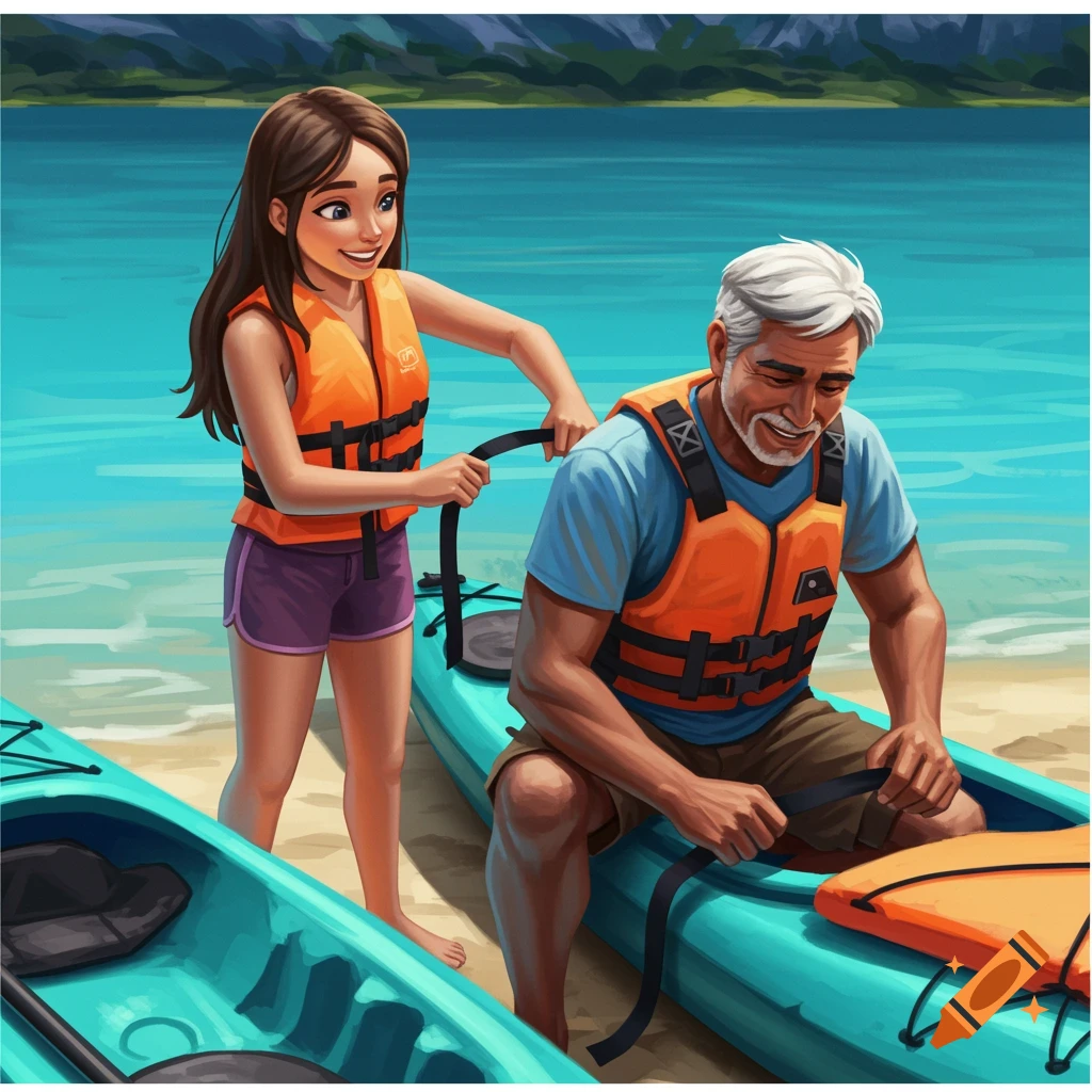 Illustration of a girl helping a man put on a life jacket next to kayaks on a beach.