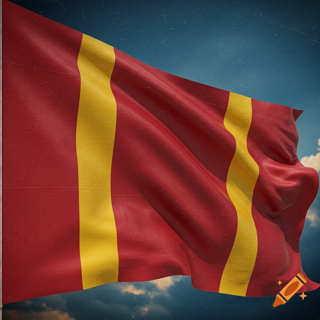 A red flag with vertical yellow stripes against a cloudy sky, with a distressed texture.