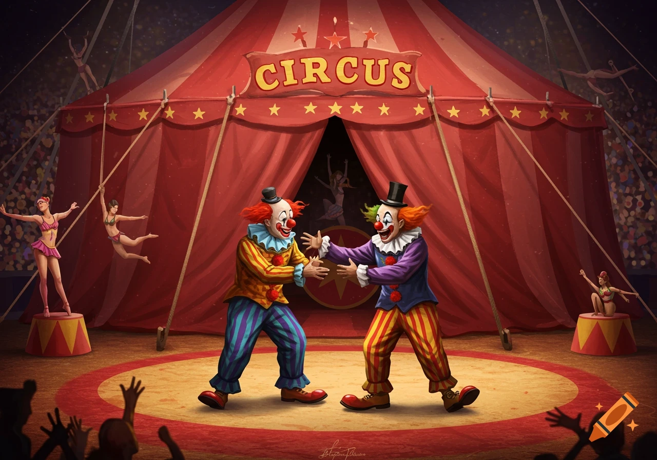 Two clowns perform under a circus tent with acrobats in the background. Illustration style.
