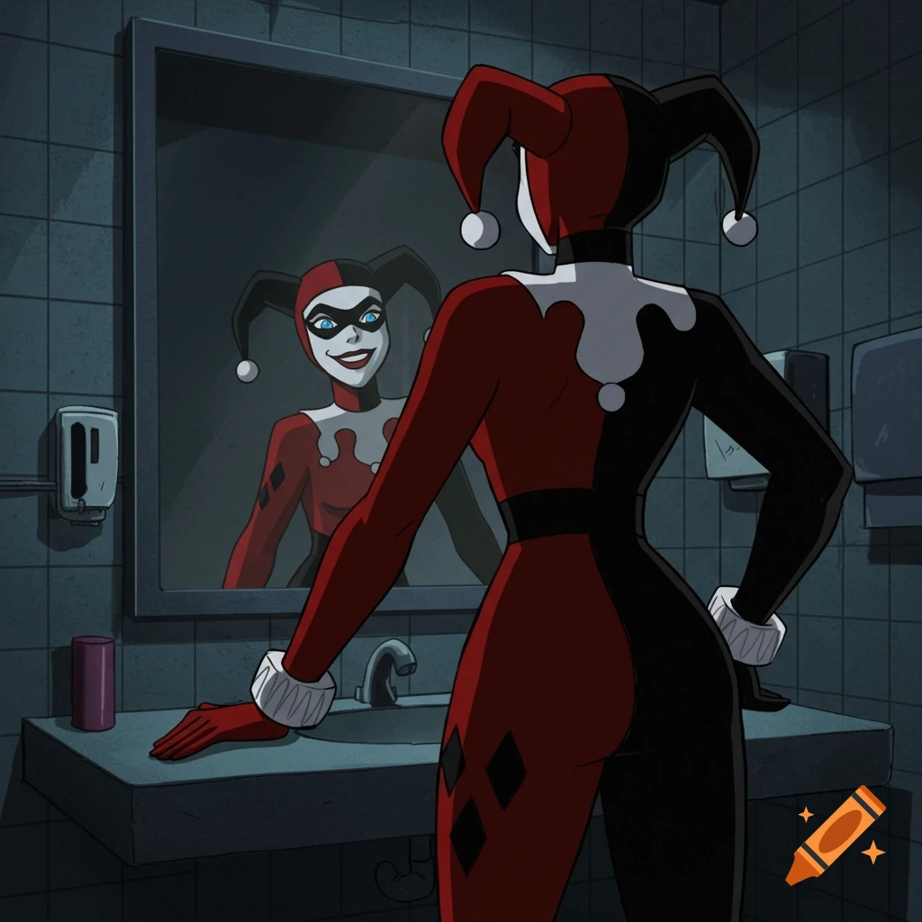Harley Quinn in her jester costume looking at her reflection in a bathroom mirror, animated style.