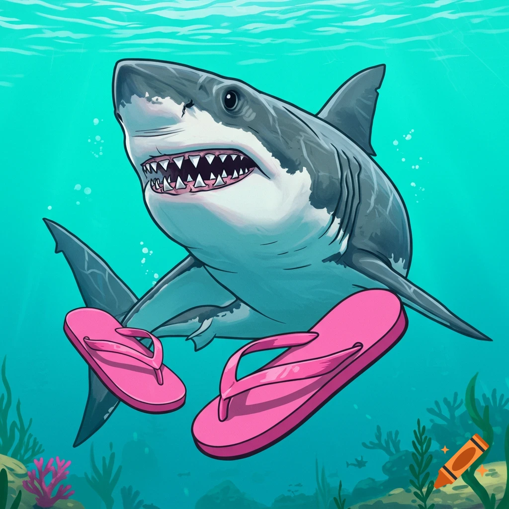 An illustration of a cartoon great white shark swimming underwater while wearing bright pink sandals.