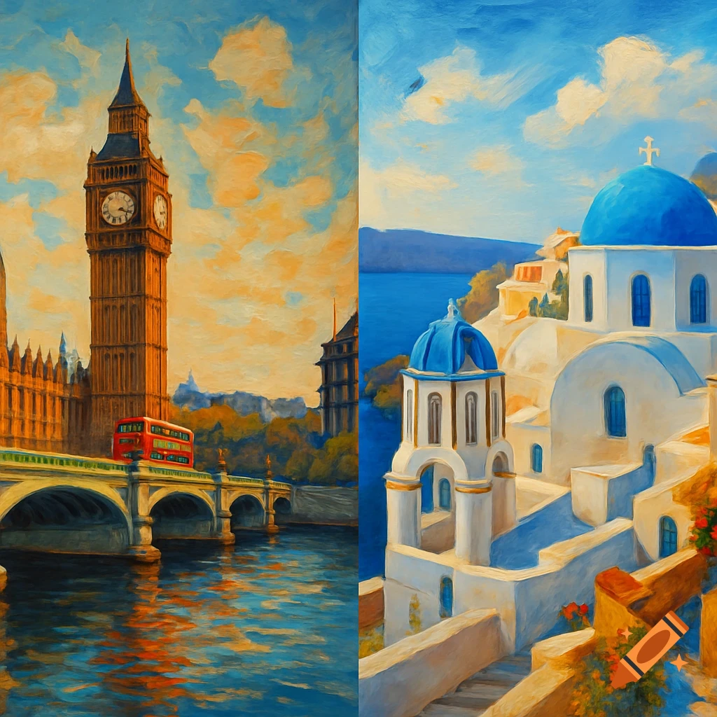 Split painting showing Big Ben and a red bus on a bridge in London on the left, and white buildings with blue domes in Greece on the right.
