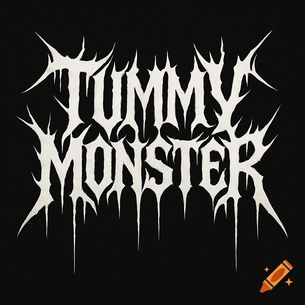 White stylized text reading "Tummy Monster" in the style of a metal band logo on a black background