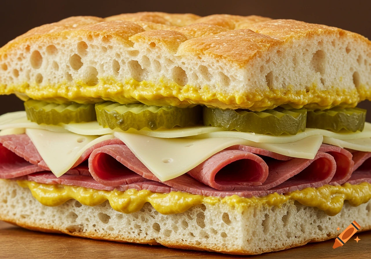 Close-up of a sandwich with pastrami, cheese, pickles, and mustard on focaccia.