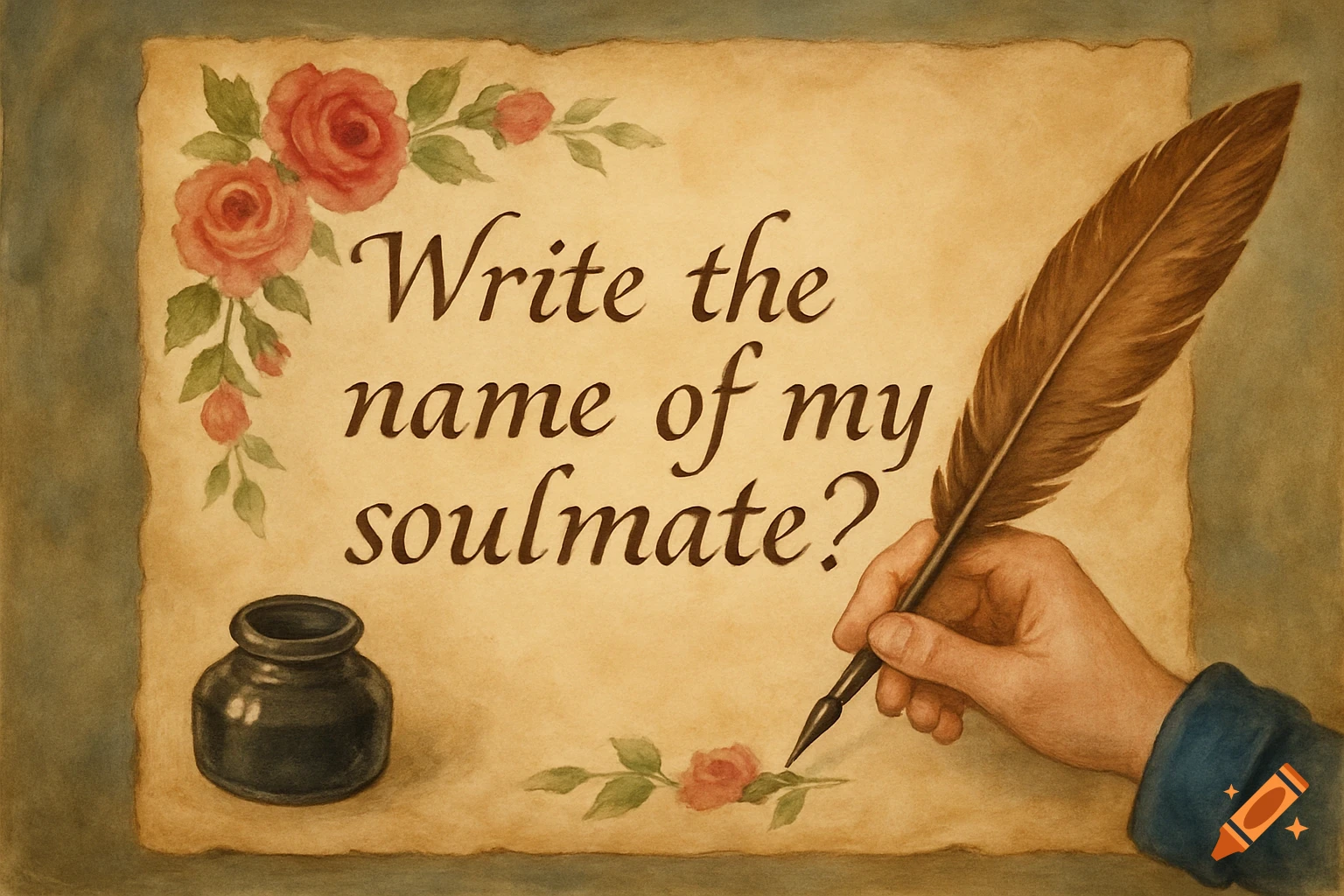 Vintage illustration of a hand writing on aged paper with a quill pen, ink pot, and roses.