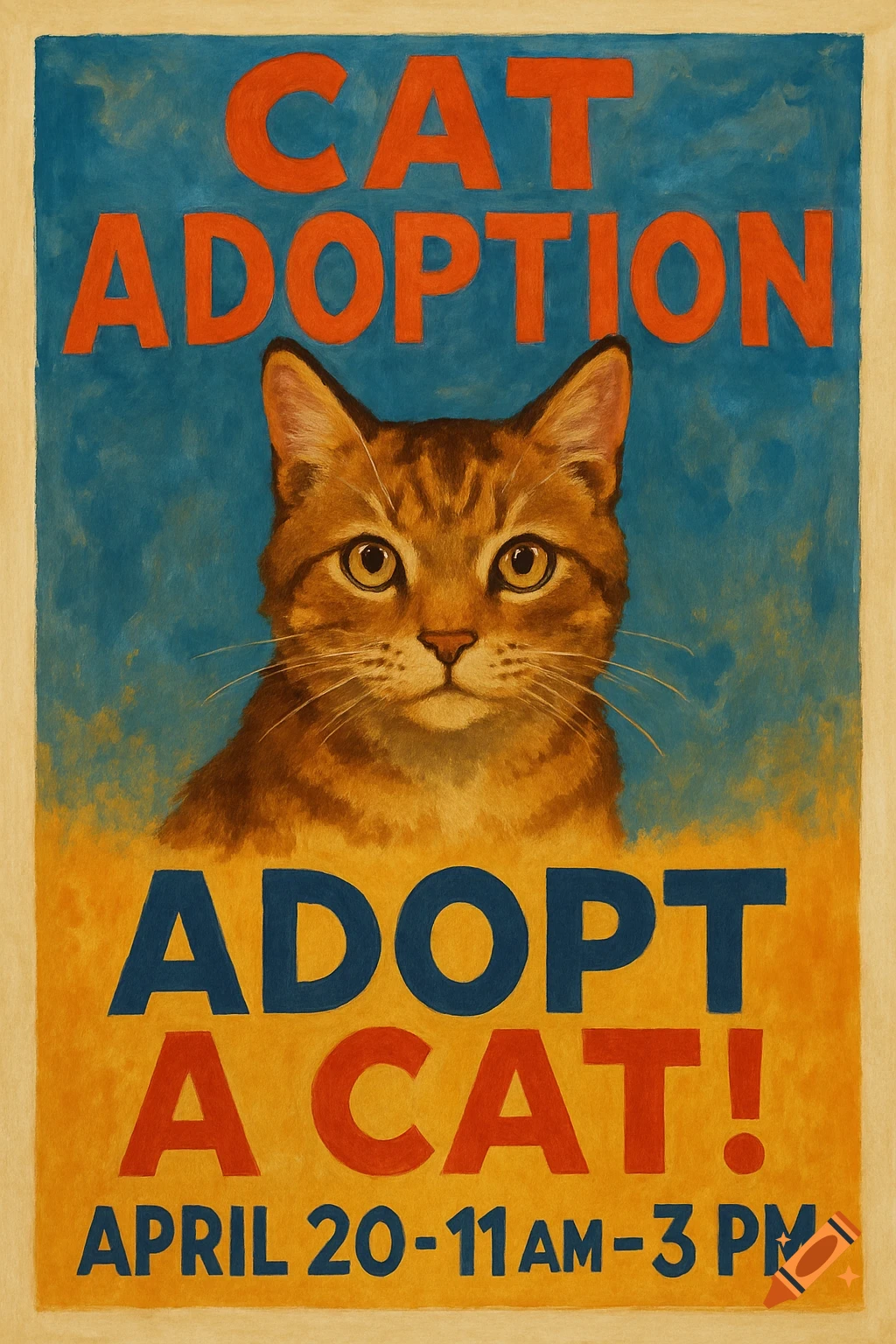 Painted poster for a cat adoption event featuring a cat's face and event details.