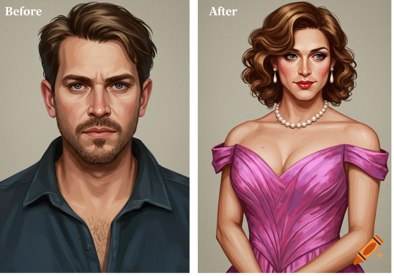 Side-by-side portrait of a man labeled 'Before' and a woman labeled 'After'