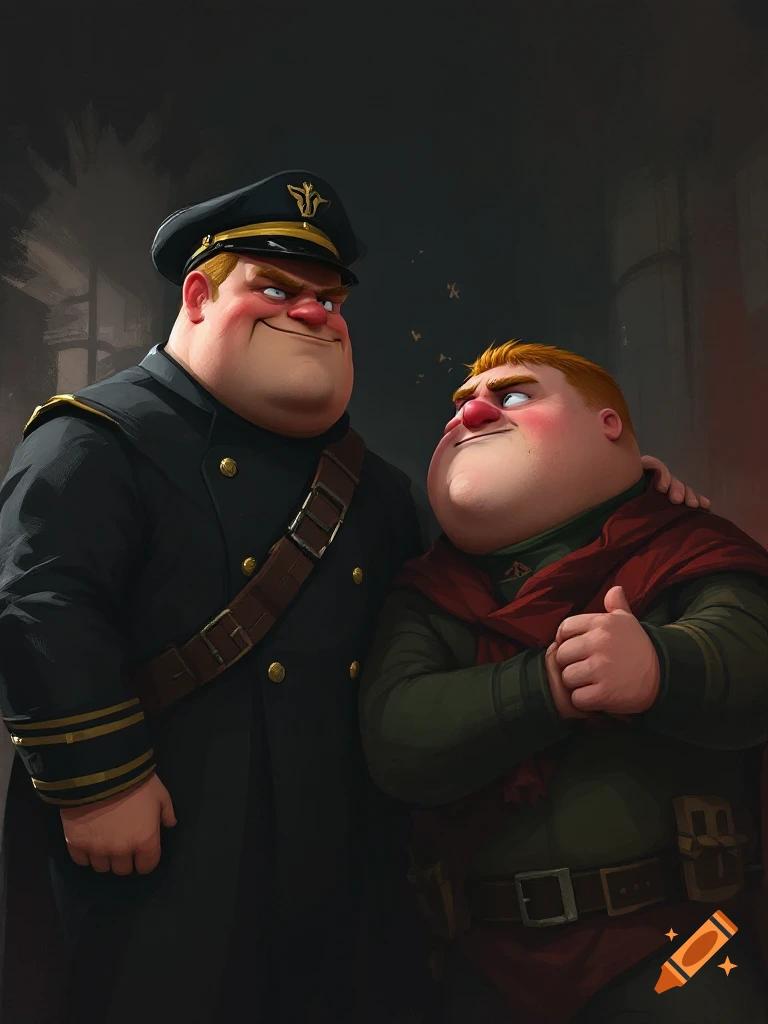 Two cartoonish men in uniforms, one in black, one in green and red, smiling.