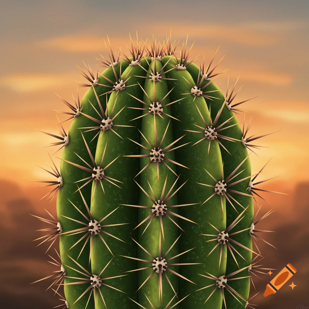 Close-up illustration of a green cactus with many spikes against an orange and brown landscape.