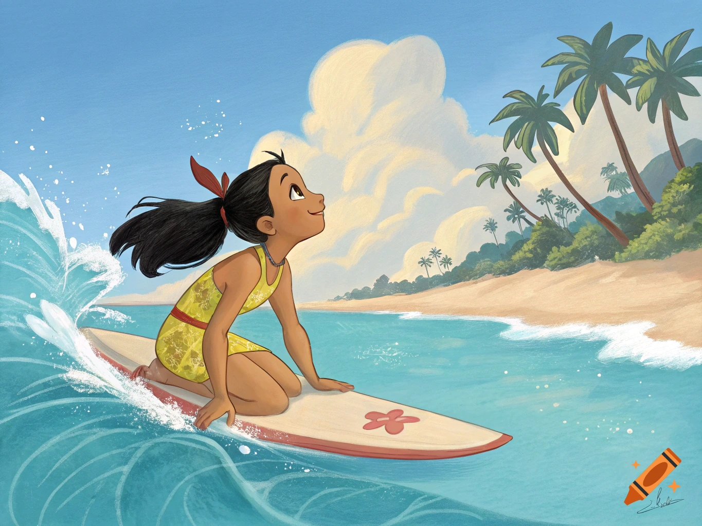 Illustration of a young girl kneeling on a surfboard riding a wave near a tropical beach with palm trees.