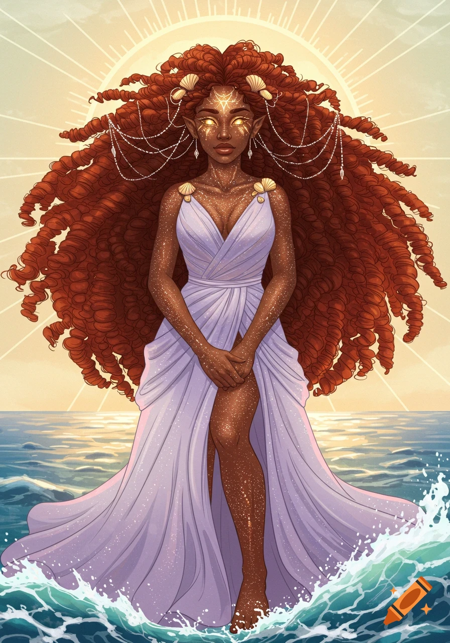 Stylized illustration of a fantasy deity rising from the sea with glowing eyes, flowing hair, and a radiant sun halo.
