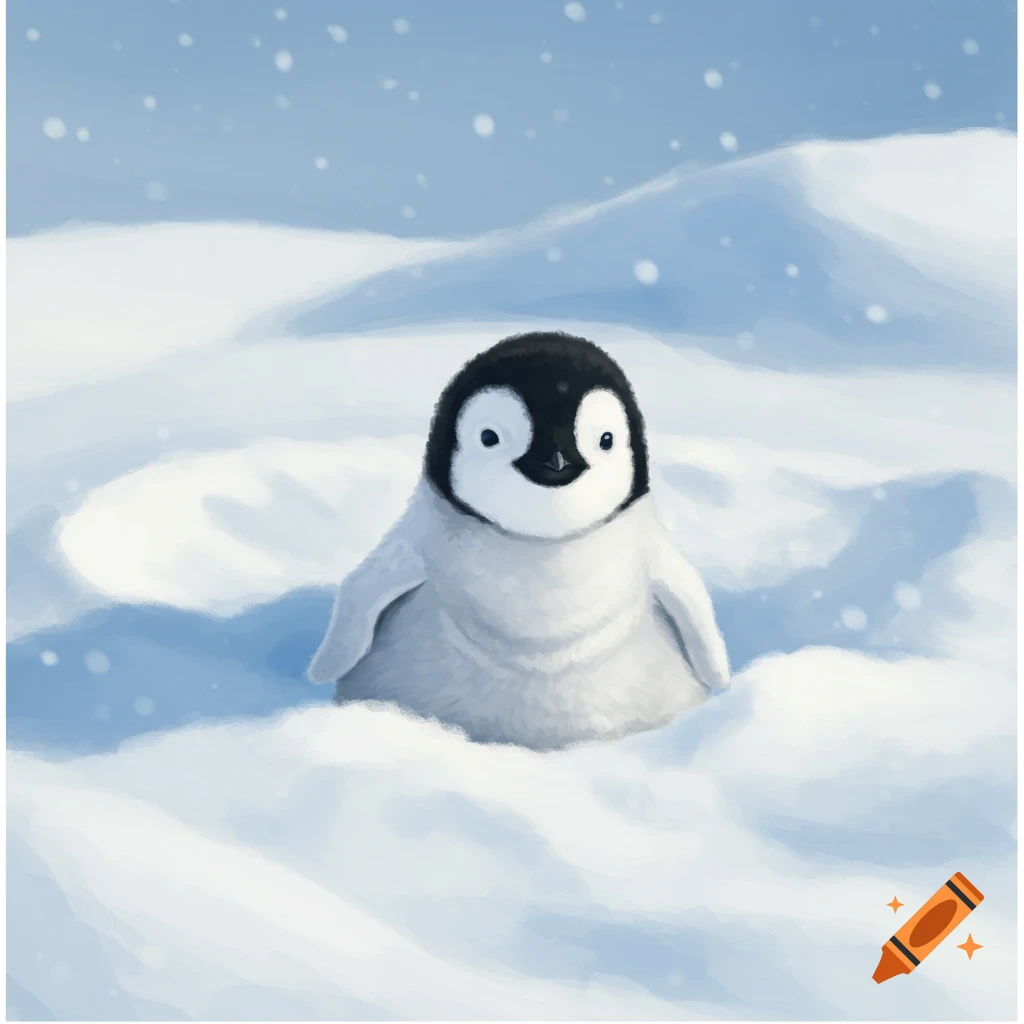 A fluffy penguin chick sits in the snow during a light snowfall. Digital painting.