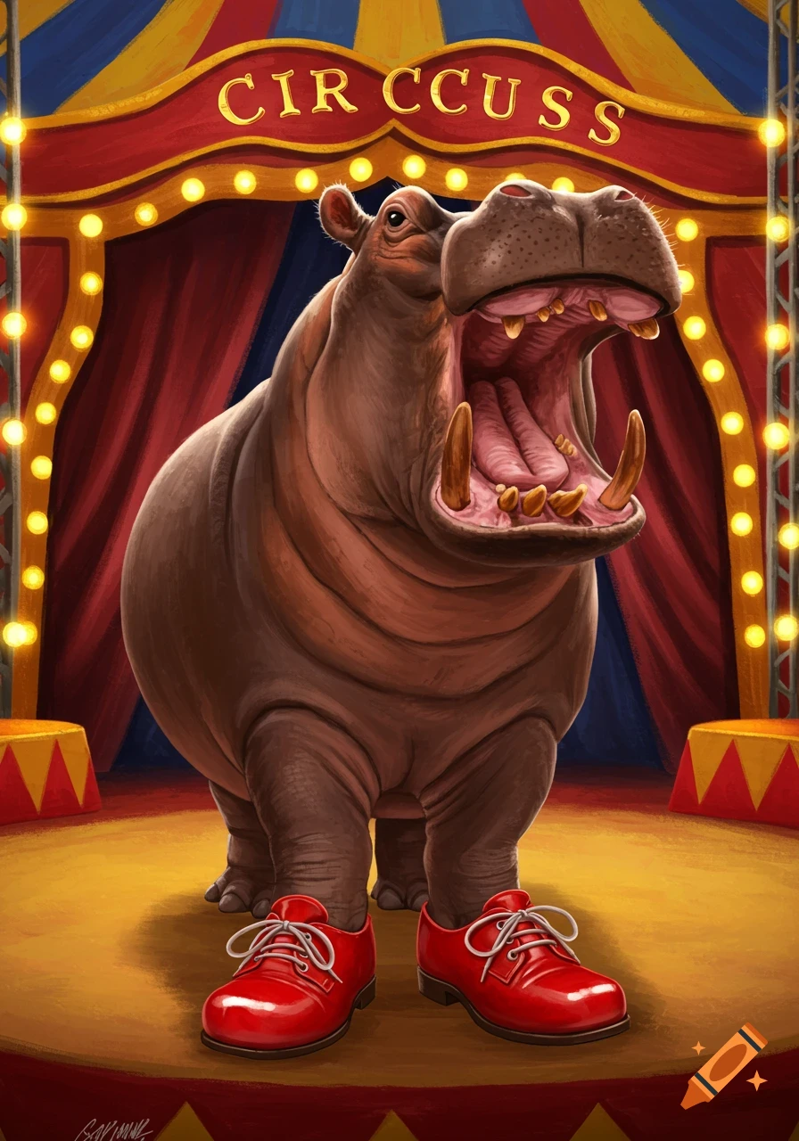 A cartoon hippo wearing red shoes stands on a circus stage with its mouth wide open. A sign above reads "CIR CCUSS".