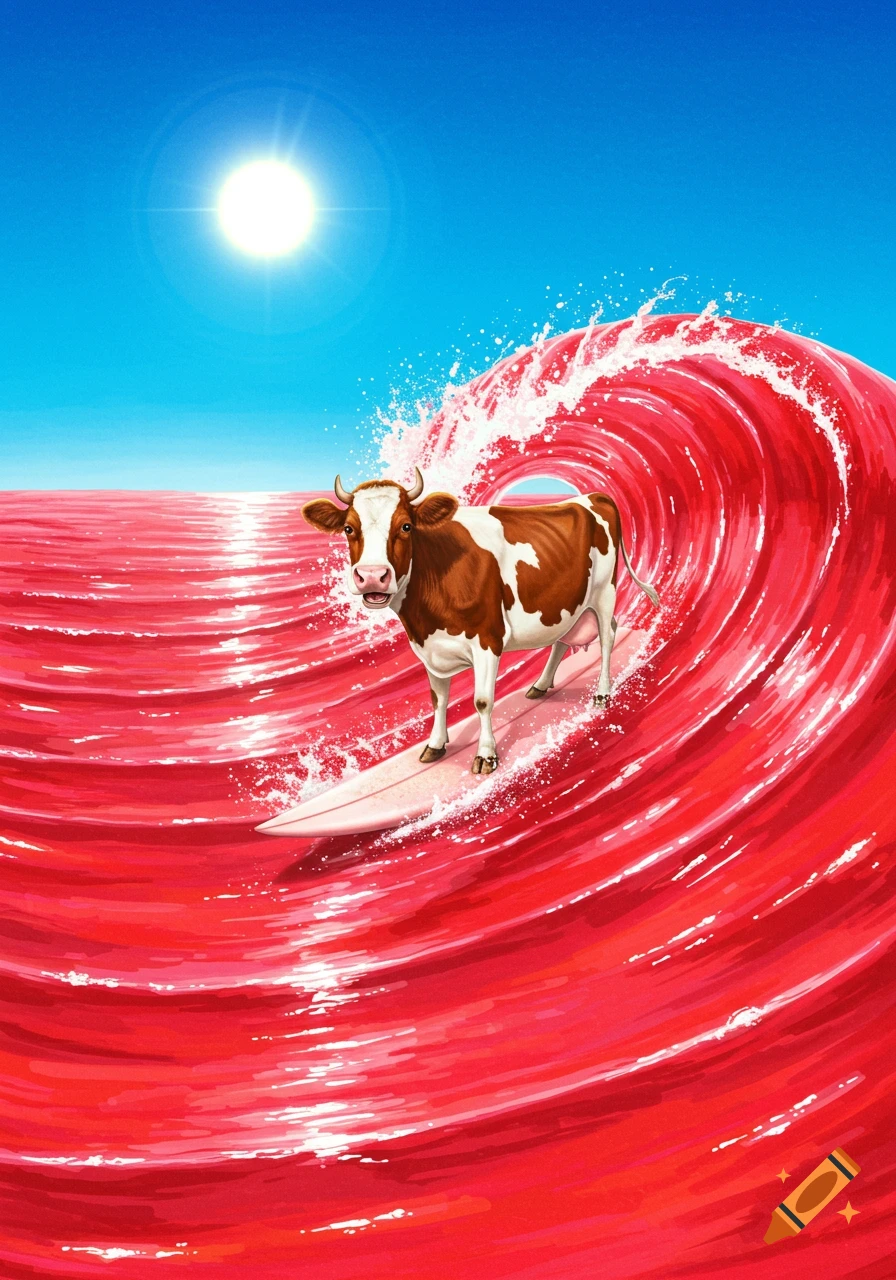 A cow surfs on a large red jell-o wave under a sunny blue sky.