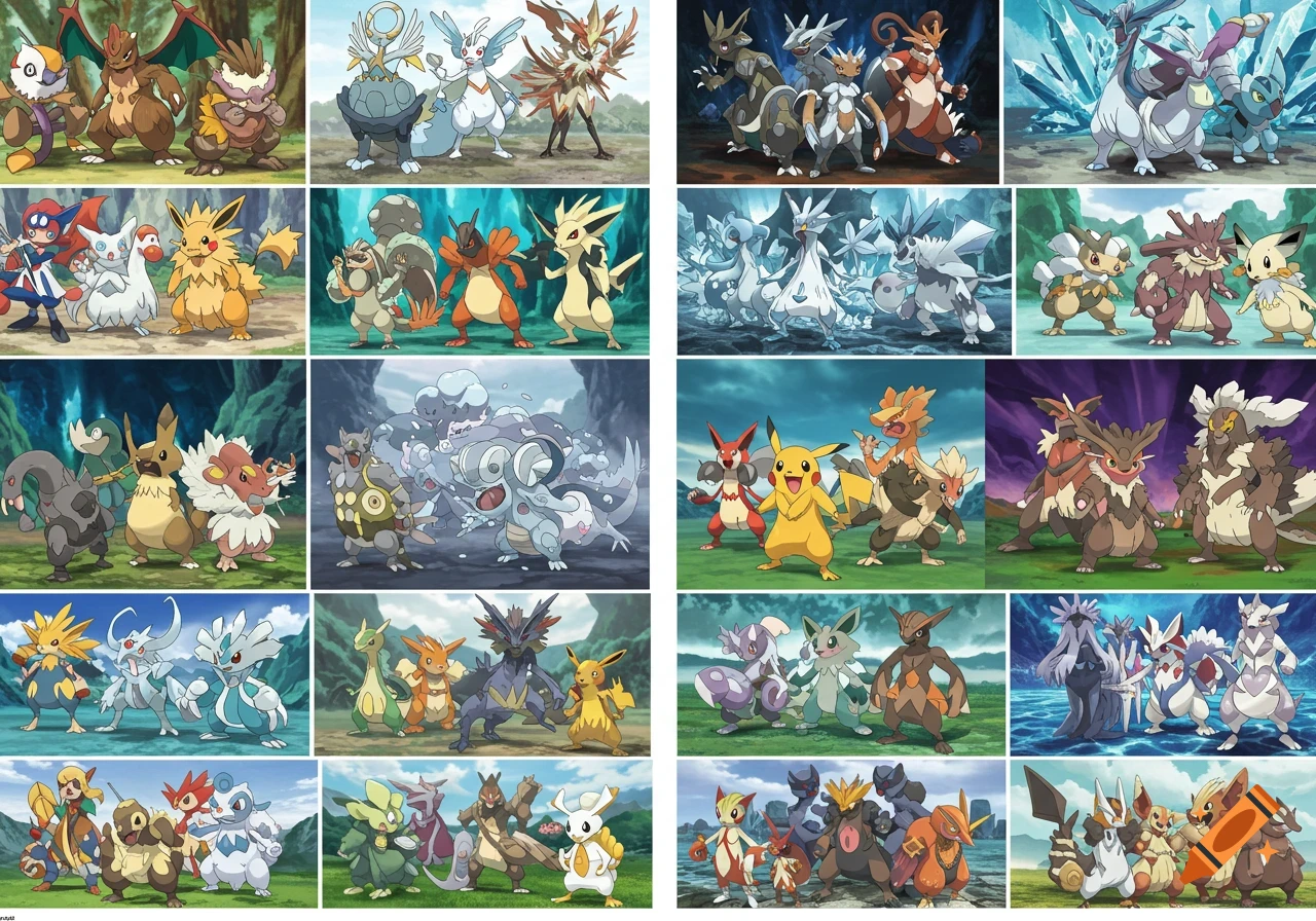 Grid of panels featuring stylized fantasy creatures resembling Pokemon in various settings.