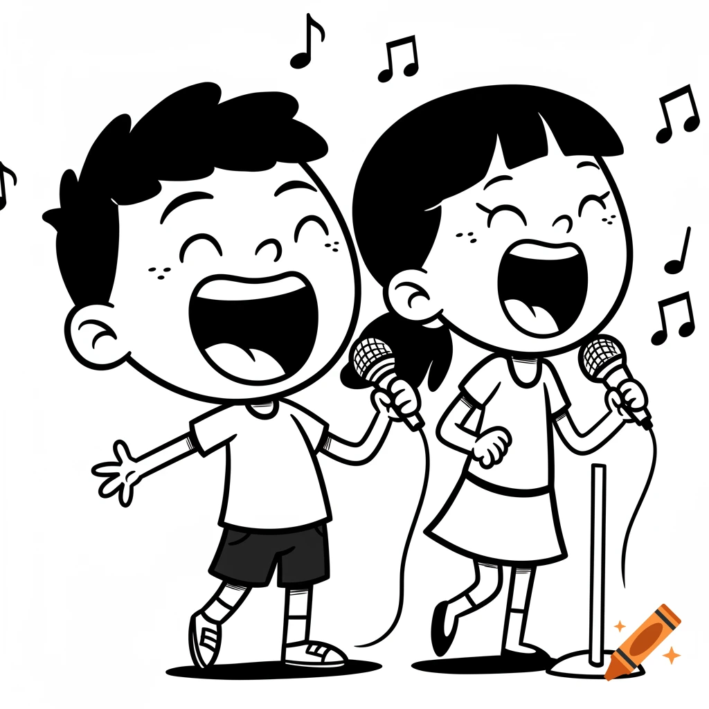 Black and white clipart of a boy and girl singing into microphones with musical notes.