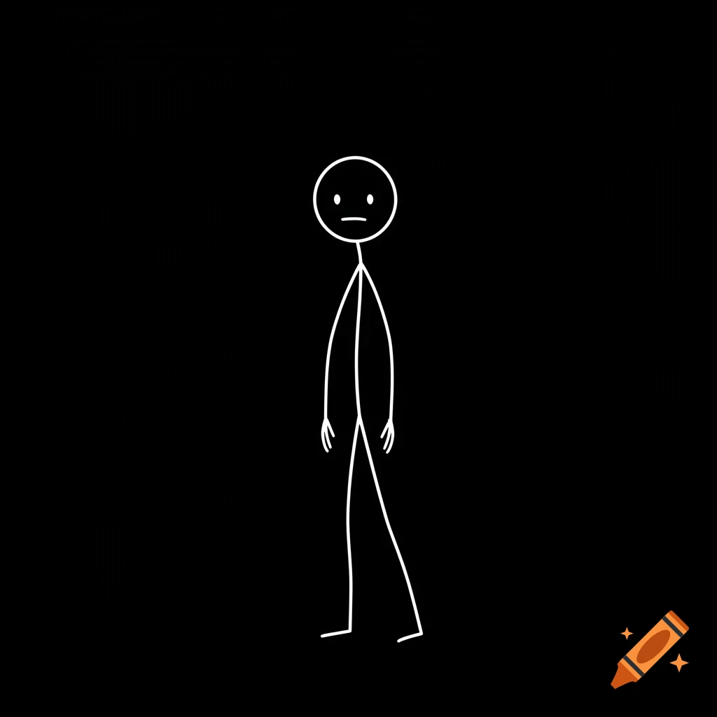 A minimalist white stick figure drawing on a black background.
