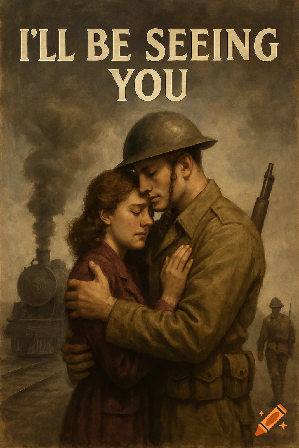 Vintage painting of WWII soldier embracing a woman at a train station, text 'I'LL BE SEEING YOU'
