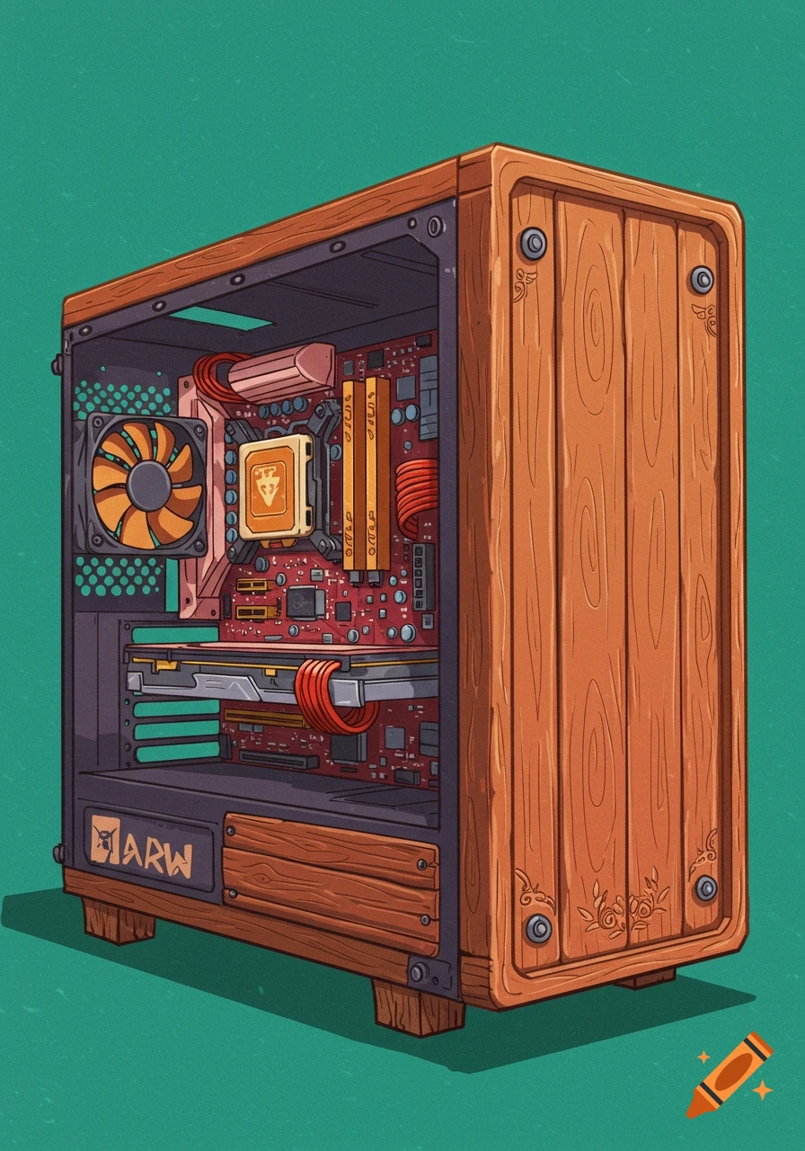 A stylized illustration of a computer tower case made of wood, showing internal components.